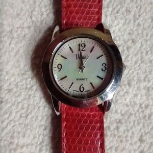 Women's vivani mother of pearl face red faux leather band accutime Japan movemen
